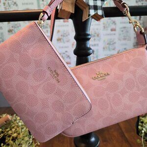Coach NWT Powder Pink Bundle Nolita 19 & Corner Zip Wristlet in Signature Canvas